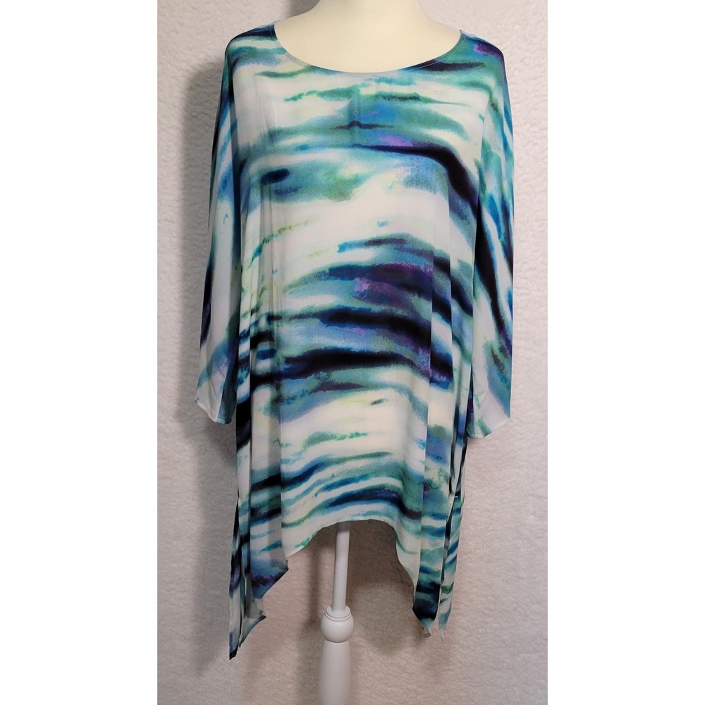 Chico's Women's Blue Tie Dye‎ Sheer Size 3 Tunic Blouse Beach Cover Up 0544